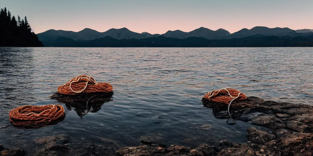 Image similar to a bundle of rope floating in the water in the middle of a lake, a rocky shore in the foreground, mountains in th ebackground, sunset, a bundle of rope is in the center of the lake, eerie vibe, leica, 2 4 mm lens, 3 5 mm kodak film, directed by charlie kaufman, f / 2 2, anamorphic