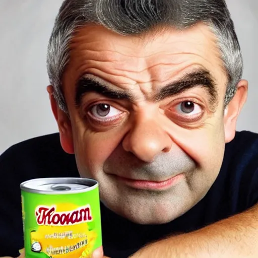 Image similar to rowan atkinson inside a can of baked beans