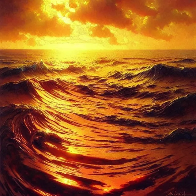 Image similar to ocean waves of glossy liquid honey drops flowing like translucent amber, lsd waves, lsd ripples, backlit, sunset, refracted lighting, art by collier, albert aublet, krenz cushart, artem demura, alphonse mucha