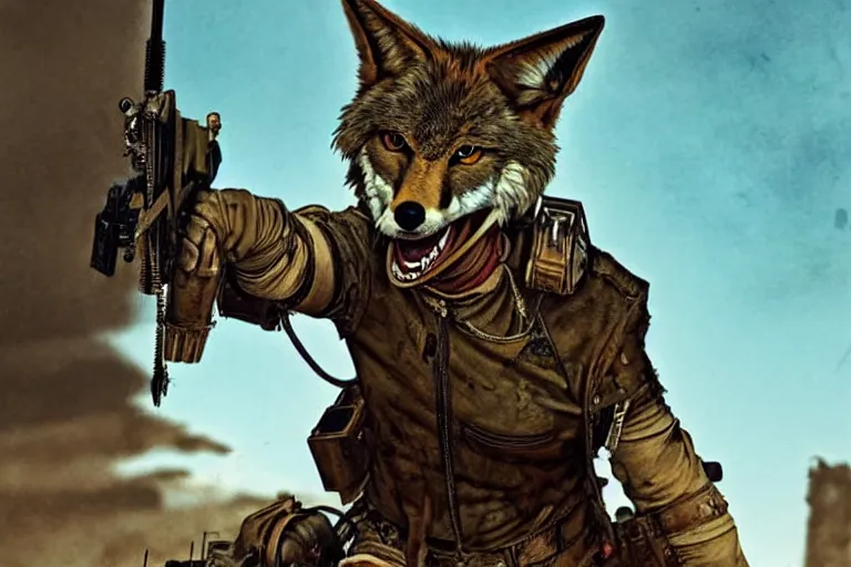 Image similar to a good ol'coyote fursona ( from the furry fandom ), heavily armed and armored facing down armageddon in a dark and gritty version from the makers of mad max : fury road. witness me.