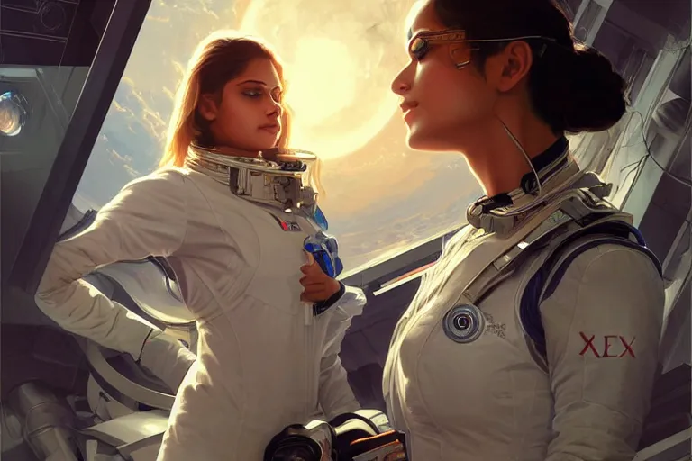 Image similar to Sensual beautiful female Aryan young Indian doctors wearing Deus Ex Human Revolution clothing in a space station above Earth, portrait, elegant, intricate, digital painting, artstation, concept art, smooth, sharp focus, illustration, art by artgerm and greg rutkowski and alphonse mucha