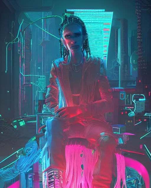 Prompt: [ grimes ]! [ 3 d render, made of wires and metallic material ]!! sitting in a [ cyberpunk club ]!!, [ 4 k digital art ]!!, neon atmosphere, volumetric lighting, bioluminescent coloring, afrofuturism, illustrated by greg rutkowski and rajmund kanelba, cgsociety contest winner, intricate