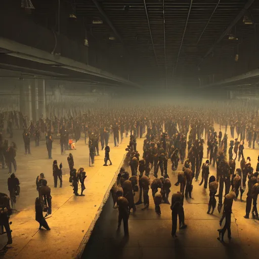 Image similar to a long queue of people standing in a huge underground dystopian factory, low camera angle, hyperdetailed, artstation, cgsociety, 8 k, hyper realistic, super detailed, octane, volumetric lighting, atmosphere, matte painting, extreme long shot, octane render h 7 0 4