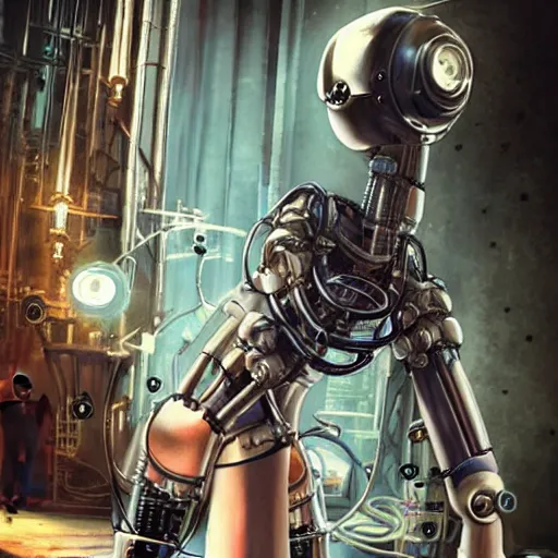 Prompt: cyberpunk, steampunk Hermione robot. Hermione granger robot with large mechanical joints and glowing eyes.