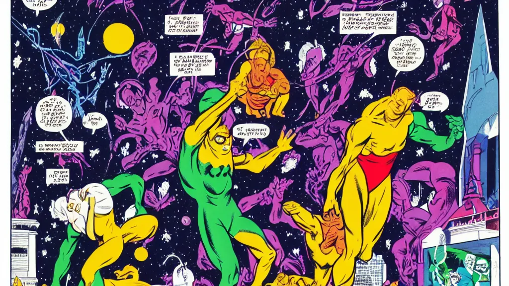 Image similar to the cosmos by Steve Ditko and P. Craig Russell, in color