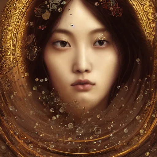 Prompt: An extremely beautiful pre-raphaelite ornate portrait of a very beautiful asian witch, surreal, ultradetailed, intricate, elegant, digital art painting, concept art, smooth, sharp focus, magazine art cover illustration, regal, award winning picture, extremely detailed masterpiece, sense of awe, featured on Artstation, Artgerm, winning award piece, ethereal bubbles, Aetherpunk, low-key neon lightning, stormy weather, Exquisite floral details, 8K detail post-processing, matte, oil painting