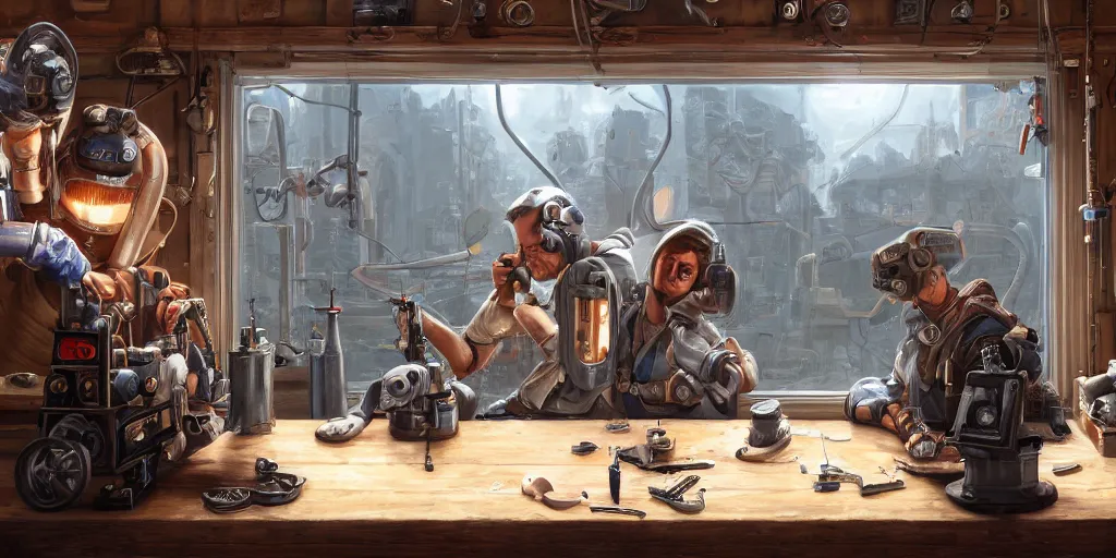 Image similar to highly detailed portrait painting of welder and angelina joile posing, mono eye window, workbench, symmetrical perfect eyes, by eddie mendoza and tyler edlin, 8 k resolution