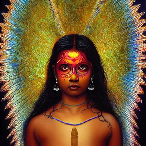 Image similar to Sri lankan girl as a winged angel covered in eyes with glowing halo, iridescent, seraphim, art by Jason Edmiston