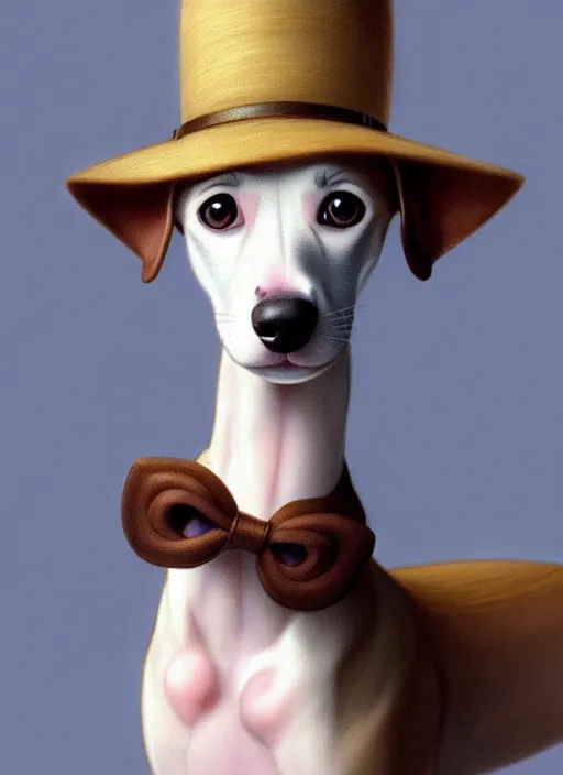 Prompt: cute whippet puppy wearing a trilby hat, natural lighting, path traced, highly detailed, high quality, digital painting, by don bluth and ross tran and studio ghibli and alphonse mucha, artgerm