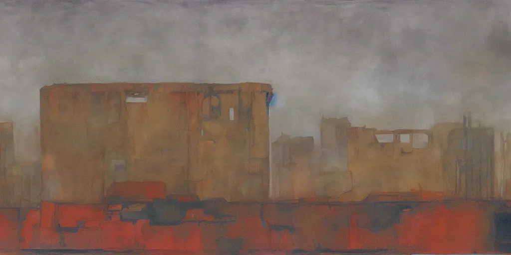 Prompt: a painting of melancholic post-apocalyptic Moscow, ruins, bunkers, Kremlin, destroyed by nuclear bomb, mutants roaming in the sunrise , atmosphere of silent hill, Todd Hido, painting by Diebenkorn, colors by Mark Rothko, melting oil