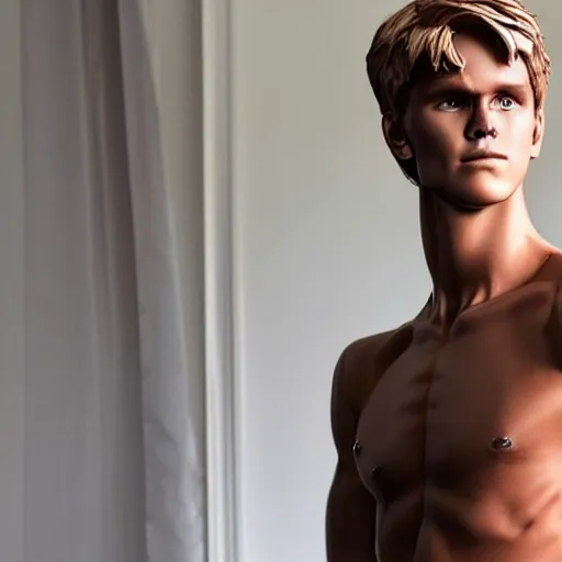 Image similar to a realistic detailed photo of a guy who is an attractive humanoid who is half robot and half humanoid, who is a male android, soccer player martin ødegaard, shiny skin, posing like a statue, blank stare, in a living room, on display, showing off his muscles