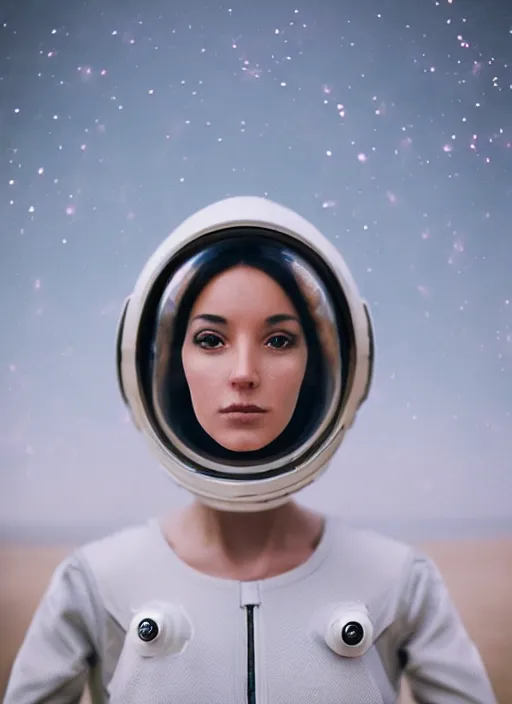Prompt: photograph portrait of a very pretty!!! woman! symmetric face, petzval lens. out of focus, look at the camera. in an very detailed elegant astronaut costume. futuristic helmet, space station. by alesio albi and george lucas and stanley kubrick