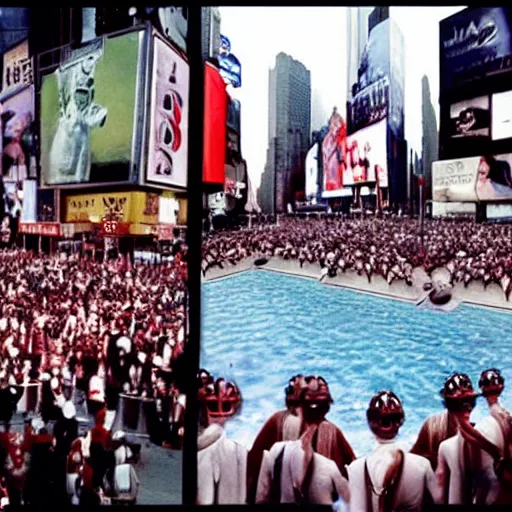 Image similar to still of donald trump clones invading time square, wearing medieval helmets, in american psycho ( 1 9 9 9 ), and still of liminal swimming pools, in american psycho ( 1 9 9 9 )