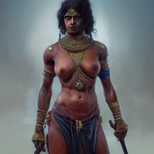 Image similar to painting of dark muscular oiled indian woman, bloody, carrying a sword, symmetric, ultra realistic, concept art, intricate details, eerie, highly detailed, photorealistic, octane render, 8 k, unreal engine. art by artgerm and greg rutkowski and alphonse mucha
