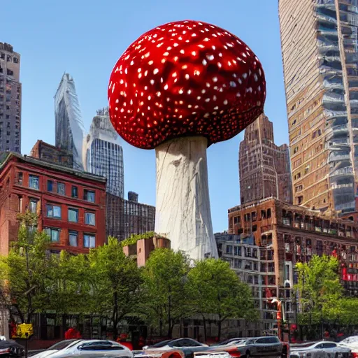 Image similar to a building shaped like an amanita muscaria in the New York skyline