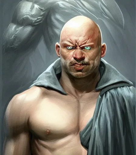 Image similar to unattractive, bald and unsympathetic Human_fighter!, He has 6 scares on his face, and a bloodthirsty look in his eyes. full_body!!, dungeons and dragons portrait, highly detailed, digital painting, artstation, concept art, sharp focus, illustration, art by artgerm and greg rutkowski and alphonse mucha