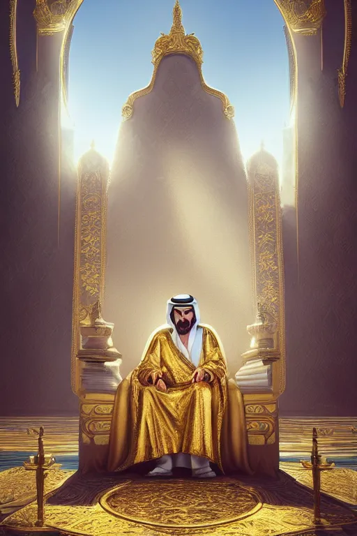 Image similar to portrait, Sultan of arabia on his golden throne, dynamic lighting, volumetric, bokeh, cinematic, establishing shot, extremly high detail, photo realistic, cinematic lighting, post processed, concept art, artstation, matte painting, style by eddie mendoza, raphael lacoste, alex ross