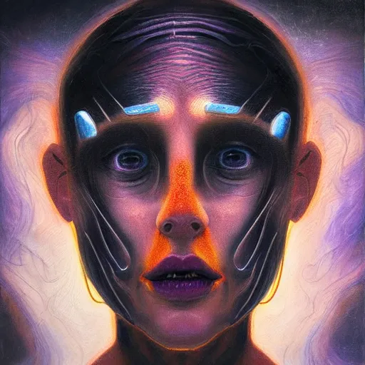 Image similar to painting of a close - up on the face of a cyberpunk girl, into a trance, connected by cables in her head, in the style of agostino arrivabene, renaissance, dark, surrealism, low contrast