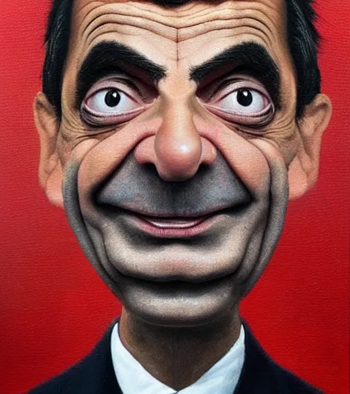 Image similar to mr bean made of baked beans, surrealist oil painting, highly detailed