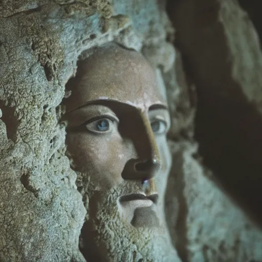 Image similar to Jesus Christ’s head sticking out from a tomb in a cliff side, cinematic perspective, movie shot, 8k, full hd