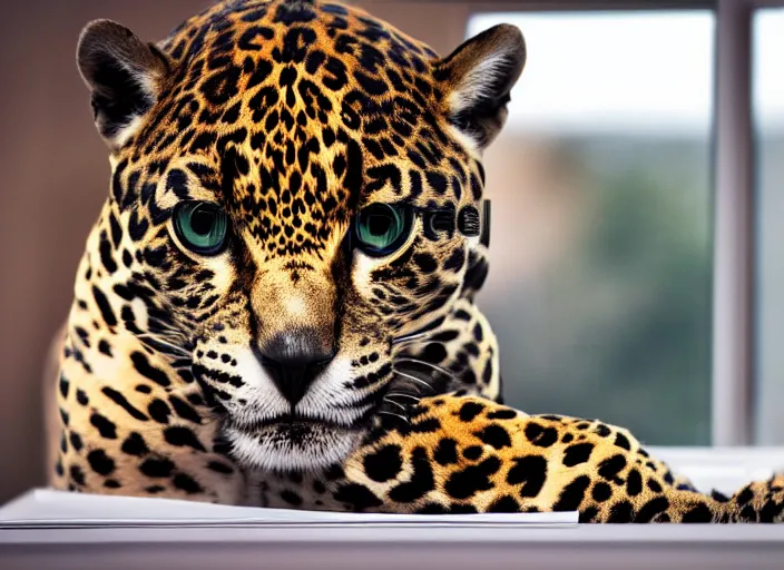 Image similar to photography of a Jaguar Cat . watching outside the window. on a bed. in a 70's room full of vinyls and posters, photorealistic, award winning photo, 100mm, sharp, high res