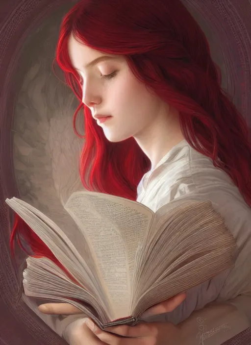 Prompt: perfectly - centered - portrait of a girl reading a book, white long hair with red motives, intricate, highly detailed, digital painting, artstation, concept art, smooth, sharp focus, illustration, unreal engine 5, 8 k, art by artgerm and greg rutkowski and alphonse mucha