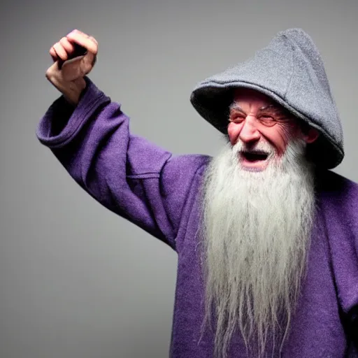 Image similar to a crazy old druid wizard, bald, bushy grey eyebrows, long grey hair, disheveled, wise old man, wearing a grey wizard hat, wearing a purple detailed coat, a bushy grey beard, yellow skin, holding a large wooden staff, sorcerer, he is a mad old man, laughing and yelling