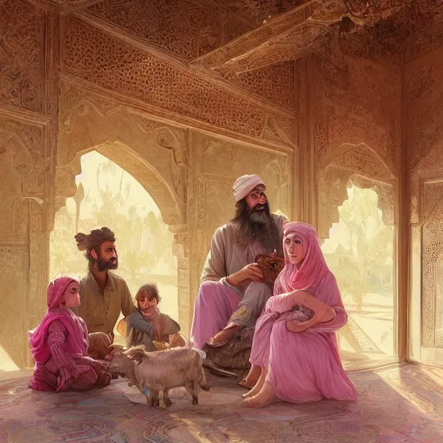 Prompt: bedouin father with a goat beard and pink clothes sitting with his family sitting in an arabic styled house, highly detailed, gold filigree, romantic storybook fantasy, soft cinematic lighting, award, disney concept art watercolor illustration by mandy jurgens and alphonse mucha and alena aenami, pastel color palette, featured on artstation