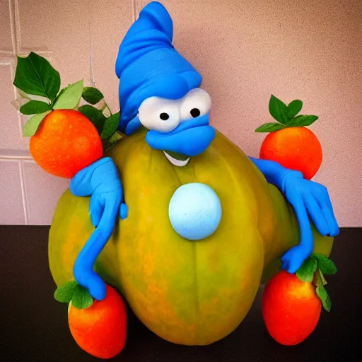 Image similar to the fruit papaya as papa smurf