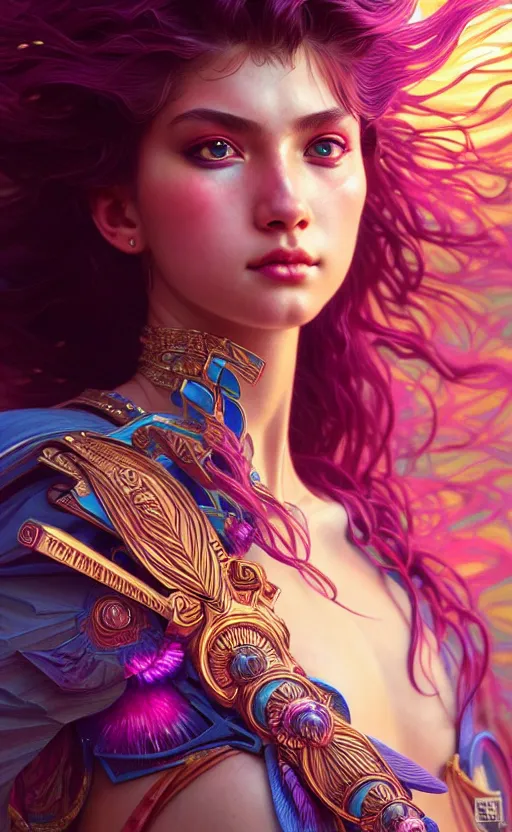 Image similar to hyper detailed ultra sharp of a beautiful warrior girl. trending on artstation, vaporwave aesthetic, synthwave, colorful, psychedelic, ornate, intricate, digital painting, concept art, smooth, sharp focus, illustration, art by artgerm and greg rutkowski and alphonse mucha, 8 k