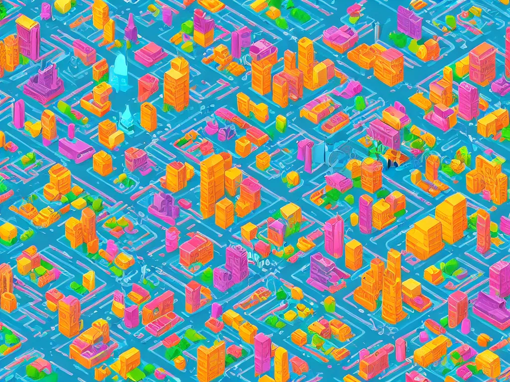 Image similar to colorful futuristic city, isometric, by Eboy