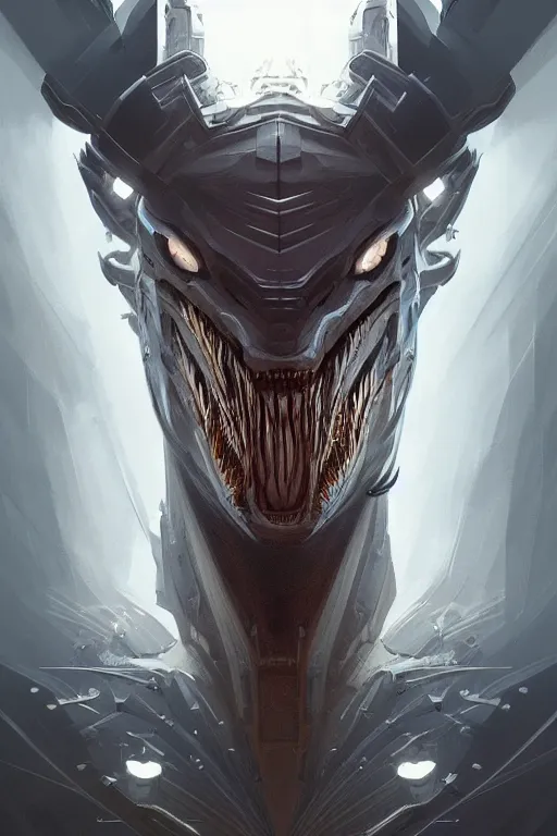 Image similar to professional concept art symmetrical portrait of a horrendous mechanical predatory species in a dark room by artgerm and greg rutkowski. an intricate, elegant, highly detailed digital painting, concept art, smooth, sharp focus, illustration, in the style of cam sykes.