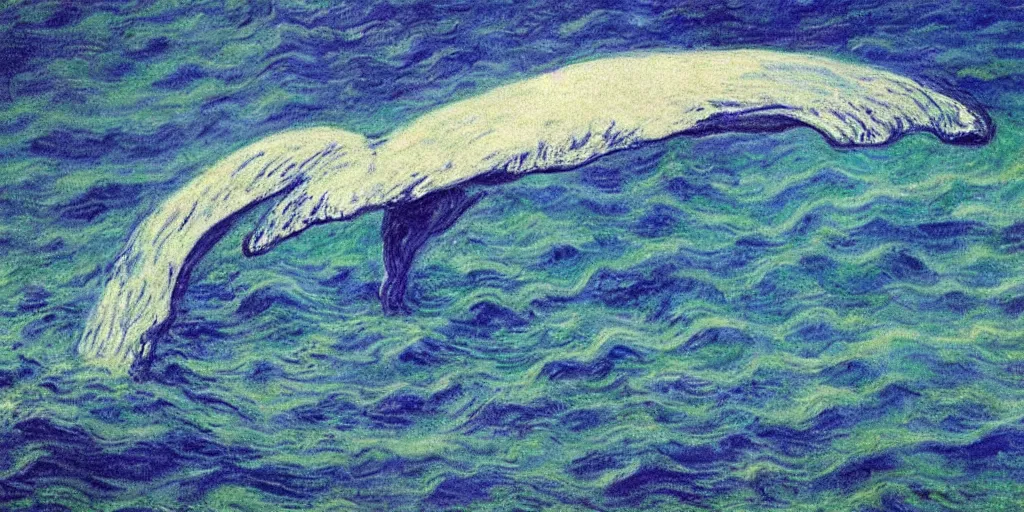 Prompt: An aesthetically pleasing, dynamic, energetic, lively, well-designed digital art of a whale, ripples, waves, sea foam, light and shadow, ocean caustics, by Claude Monet, traditional Japanese colors, superior quality, masterpiece, excellent use of negative space.