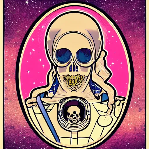 Image similar to astronaut portrait skull female skeleton space in the style of James Roper and Alphonse Mucha illustration art