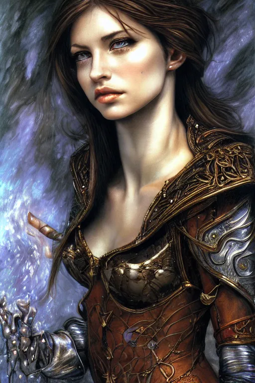 Prompt: high quality extremely detailed closeup portrait of a young attractive female necromancer looking away from the camera, realistic eyes, sparkle in eyes, no hands visible, fantasy, d & d, intricate, painting by lucian freud and mark brooks, hd