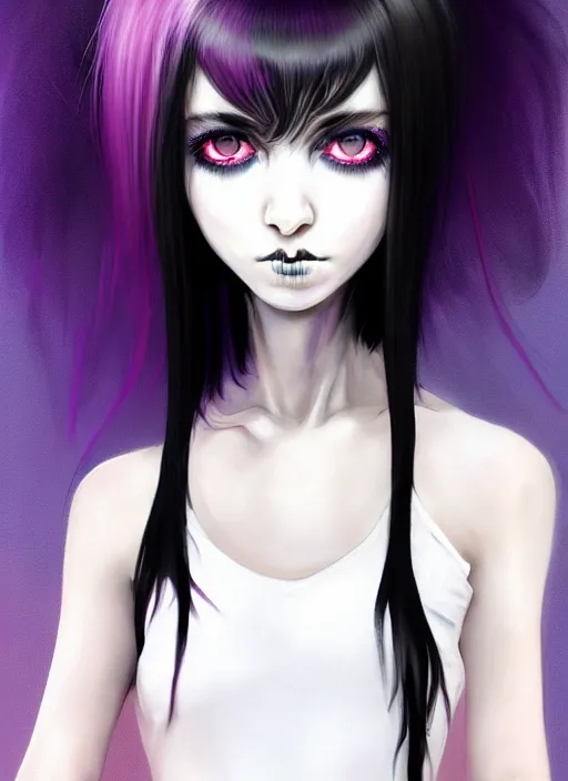 Image similar to hair blackbangs hair, white cyberlox, portrait of normal teenage girl, normal face, black bangs, messy bangs, fluffy bangs, cyberlox, whitebangs, red contact lenses, purple background, intricate, elegant, highly detailed, digital painting, artstation, concept art, sharp focus, smooth, illustration, art by wlop, mars ravelo and greg rutkowski