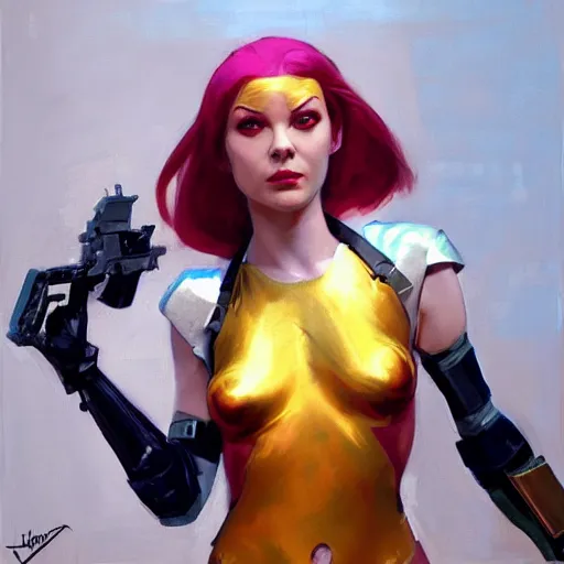 Image similar to greg manchess portrait painting of partially armored leeloo from the 5 th element as overwatch character, medium shot, asymmetrical, profile picture, organic painting, sunny day, matte painting, bold shapes, hard edges, street art, trending on artstation, by huang guangjian, gil elvgren, ruan jia, randy vargas, greg rutkowski