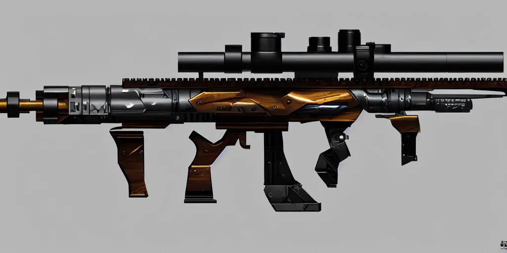 Image similar to extremely detailed ultra realistic side view photo vintage sci fi laser sniper rifle, detailed trigger, chemically propelled, electric, steel, wood accents, smooth streamline, elegant sleek smooth body, wires, railgun, chemrail, gauss, smooth utopian design, ultra high quality, octane, cod, destiny, warframe, terminator