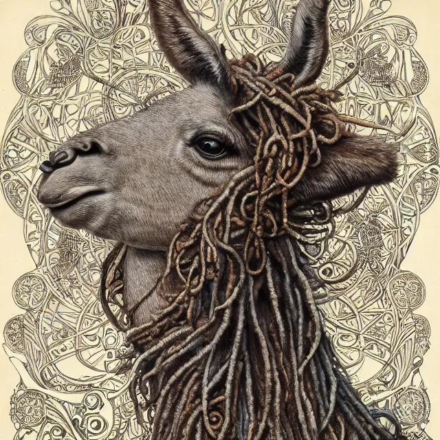 Image similar to llama with dreadlocks, detailed, by ernst haeckel, james jean, mandy jurgens, alphonse mucha