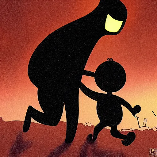 Prompt: a shadow - like figure closing in on gumball watterson, forcing him to flee, dark atmosphere, trending on artstation, digital art, children's book illustration, eerie lighting