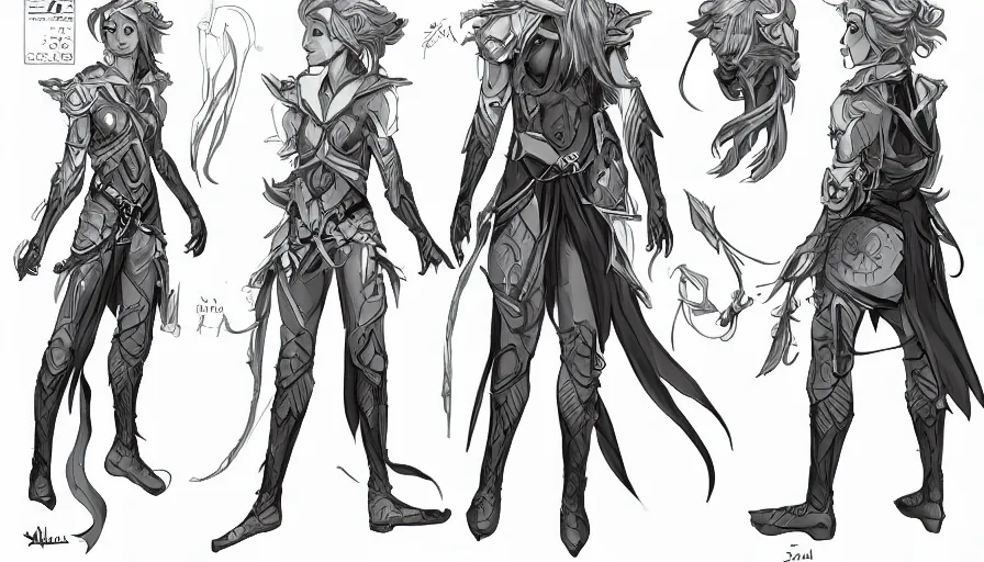 Prompt: a magical character, comic book design, cosplay, RPG, character design, character reference, character sheet, white border, artstation