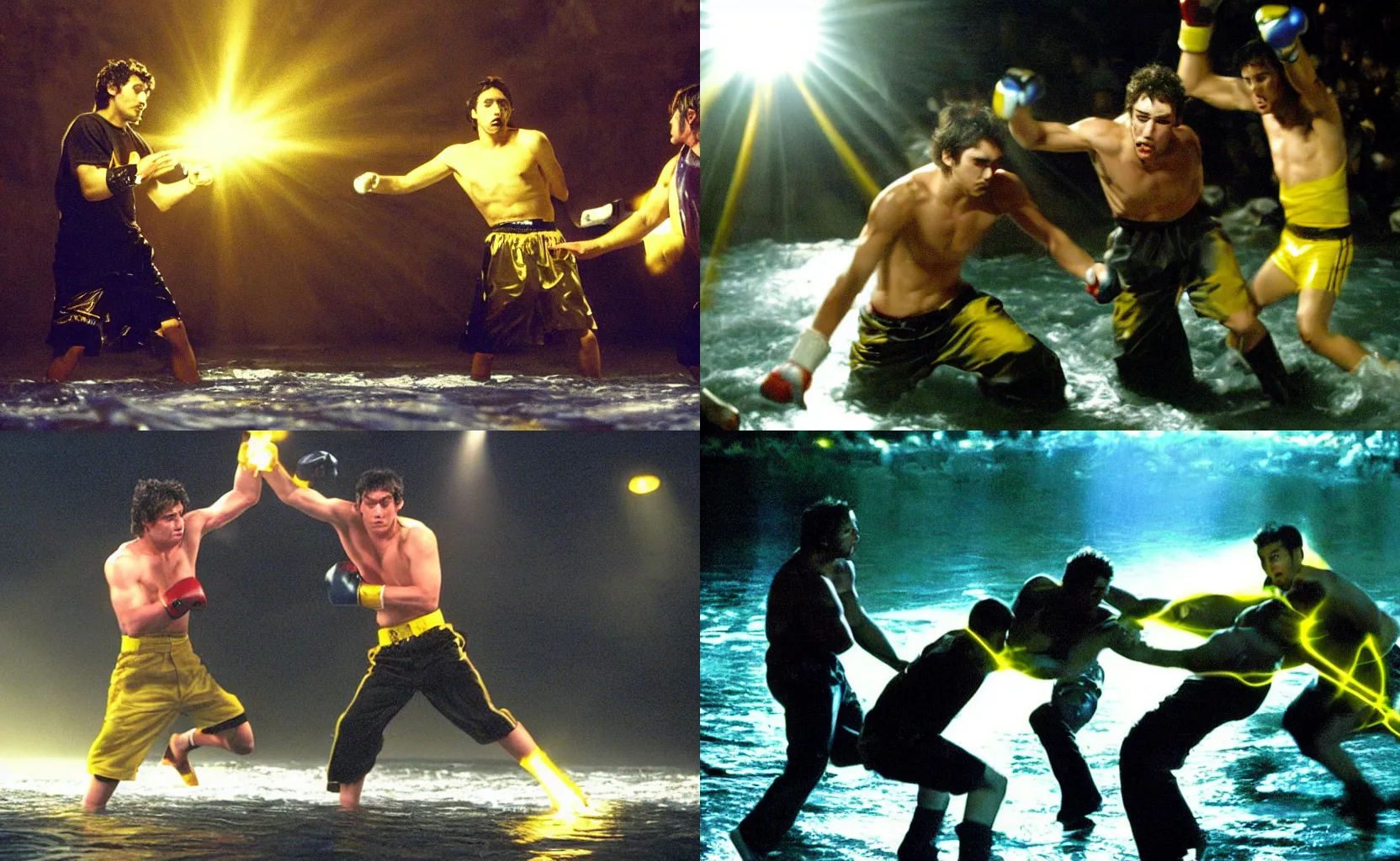 Prompt: 2004 James Franco fighting a guy on a river with a strong bright yellow light shining behind them, Movie Scene.