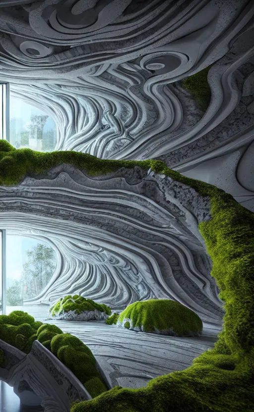 Image similar to highly detailed ultra sharp 3 d render villa interior cinematic composition of a smooth ceramic porcelain biomorphic magnolia stone nebula fluid fractal sci - fi surreal architecture landscape, granite, metallic, magnesium, marble, moss and lichen, vincent callebaut composition, mamou - mani, archviz, beautiful lighting, 8 k, unreal engine, hdr,