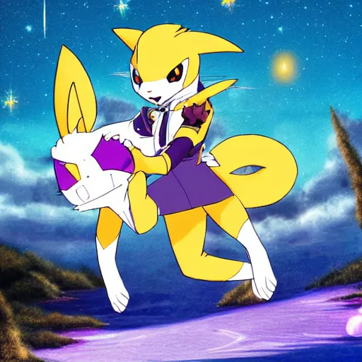 Image similar to Renamon from Digimon in front of the moon by a shimmering lake, sakura petals around her, moonlight, elegant, nighttime, low angle, stars,