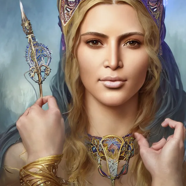 Image similar to Portrait of a magical kim kardashian cleric with kerchief covering her ears, casting a spell. Green eyes, blonde hair, porcelain skin, full lips, high slanted cheekbones. Fantasy art by artgerm and greg rutkowski and alphonse mucha, intricate, elegant, highly detailed, dramatic lighting, digital painting, concept art, illustration, award winning on artstation, D&D, AD&D.