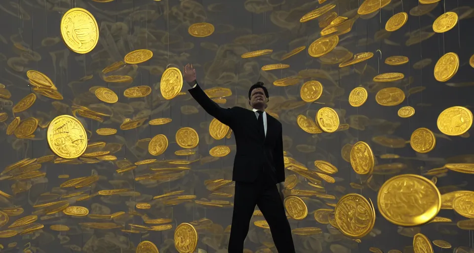 Image similar to Dramatic photo of a CEO waving goodbye to a group of silhouettes of his coworkers in a futuristic office. Golden coins are levitating all around them. 8k, high detail, trending on Artstation, volumetric lighting, cyberpunk