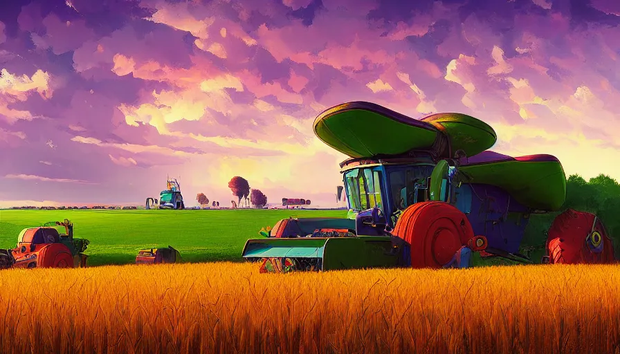 Prompt: colourful sky, wheat field, futuristic harvesters, big tree, matte painting, art station, digital art, simon stalenhag