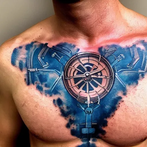 Image similar to chest tattoo of a 3 d hole in the skin with a shiny blue metallic gears and tubes mechanic inside under the skin, insanely integrate,