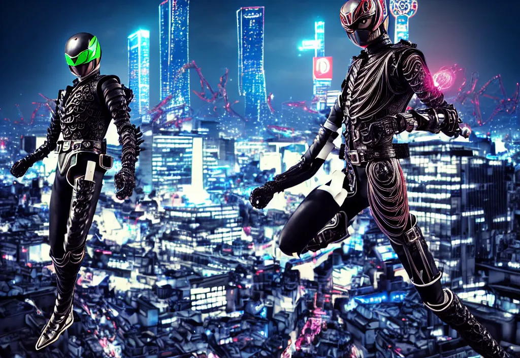 Prompt: belted kamen rider hero action pose, human structure concept art, human anatomy, full body hero, intricate detail, hyperrealistic art and illustration by a. k. a limha lekan a. k. a maxx soul and alexandre ferra, global illumination, blurry and sharp focus, on future tokyo night rooftop, frostbite engine