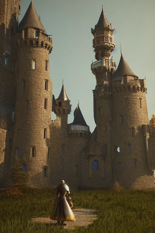 Prompt: a person standing in front of a castle, a detailed matte painting by senior environment artist, cgsociety contest winner, baroque, rendered in unreal engine, unreal engine 5, CryEngine